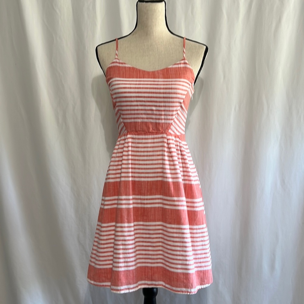 Old Navy Extra Small XS Cotton Coral Pink & White Striped Dress Lined Fit Flare